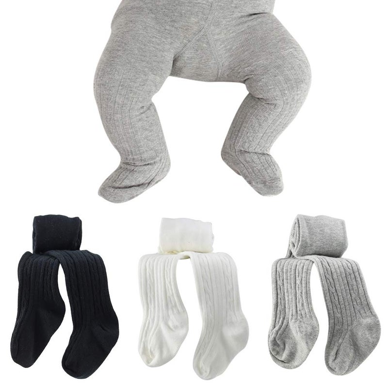 techcity Baby Girls Tights Toddler Seamless Leggings Cable Knit Cotton Pants Stockings (Pack of 3) (3 Pack Black White Grey, 3-12 Months) - Image 1